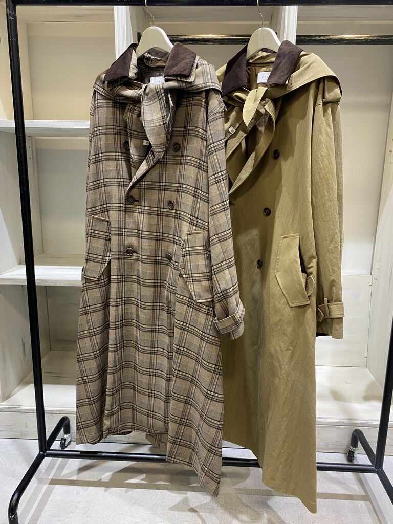 新品☆エトレトウキョウフードストールロングトレンチコートチェックS