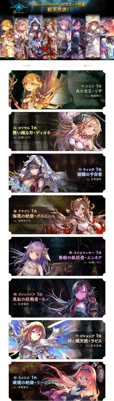 しゃどばす 3rd Anniversary 人気カード投票結果発表 腹パン情報2 フィーナちゃんと 年目