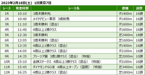 20230218東京競馬レース一覧