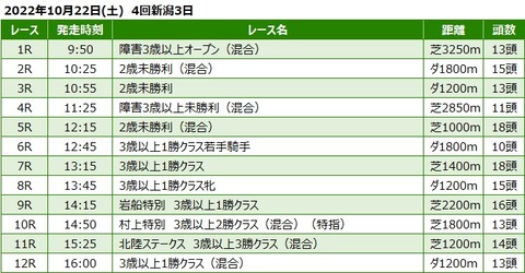 20221022新潟競馬レース一覧