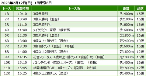20230212東京競馬レース一覧