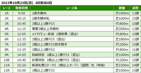 20221023新潟競馬レース一覧