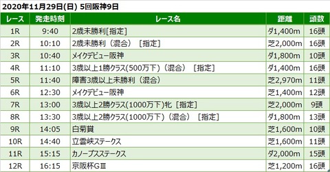 20201129阪神競馬レース一覧