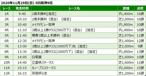 20201129阪神競馬レース一覧