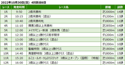 20221030新潟競馬レース一覧