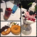 飲み物とドーナツとパフェ。