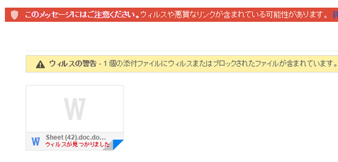 件名:Emailing: Sheet (42).doc 自分のメールアドレスから届く迷惑メール(ウイルス添付ファイル付き)