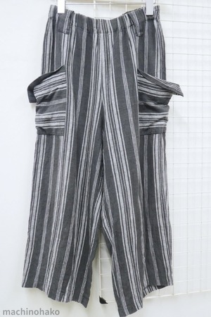 ストライプ　ワイドパンツ　ショート　麻100%　ガウチョ