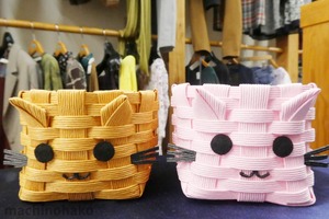 カゴ 猫 籠 かご ピンク 茶 ブラウン クラフトバンド 紙バンド 猫 ねこ