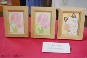 ミニ原画　親子チューリップ　桃色　黄緑　ネコ　プレゼント　お花をどうぞ