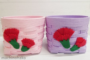 籠　かご　カーネーション　ペールピンク　ミニカゴ　赤カーネーション　ラベンダー　パープル　紫