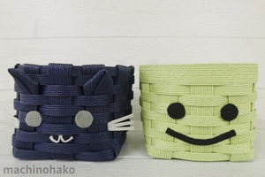 カゴ　ネコ　紺　猫　ねこ　クラフトカゴ　ミニカゴ　顔　ライム　緑　グリーン