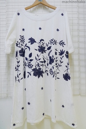 綿麻混　刺しゅう　チュニック　綿麻　刺繍　白地　古着　リサイクル　ししゅう