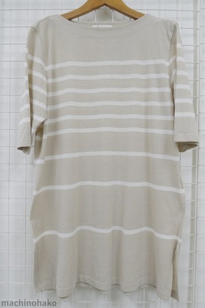 サマーセーター　ベージュ　ボーダー　半袖　古着　チュニック丈