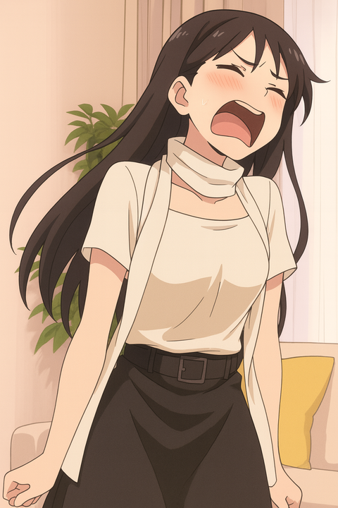 室内でカーテンと観葉植物の前に立つ人物を