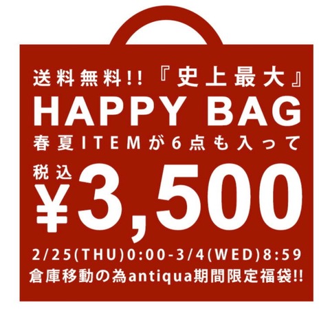 春夏アイテムが６着入って３５００円送料無料！antiquaの史上最大HAPPY BAGに期待大！