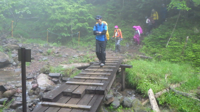 木の橋を慎重に渡る　※先頭は高山ガイド。後ろの参加者の顔が見えるようなら、モザイクをお願いします