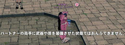 パートナーの両手に武器や盾を装備させた状態ではおんぶできません。