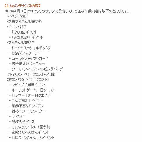 メンテナンス内容