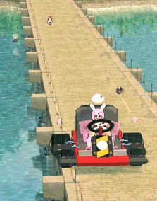 人形カバンが湖を滑走
