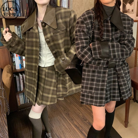 韓国♡エコファー付きショートコート×スカートセットアップ 大人可愛い 長袖秋冬 セットアップ 千鳥柄 ショートジャケット スカート リボンタイ