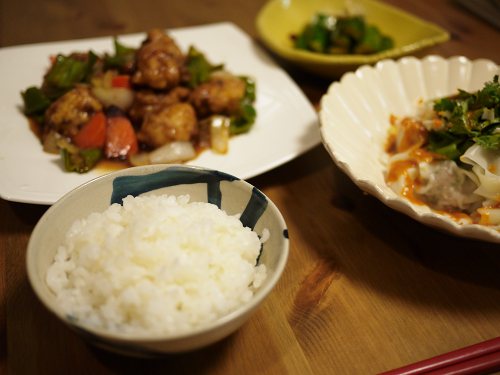 「青みゆく雪」豚コマ酢豚の夕飯