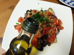 戻り鰹のタリアータ、ナスのプッタネスカ マリネ風