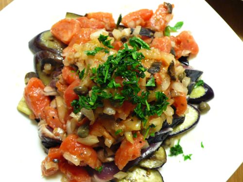 戻り鰹のタリアータ、ナスのプッタネスカ マリネ風