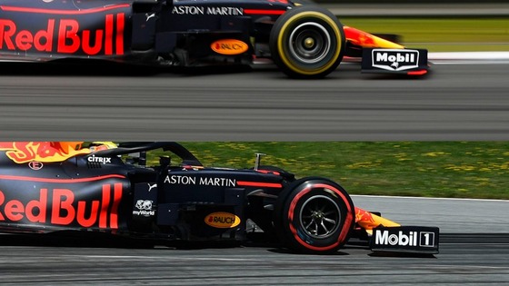 マックス・フェルスタッペンのレッドブル・ホンダRB15、上図は中国でのフロント・ウィング。下図はオーストリアでアップデートされたフロント・ウィング