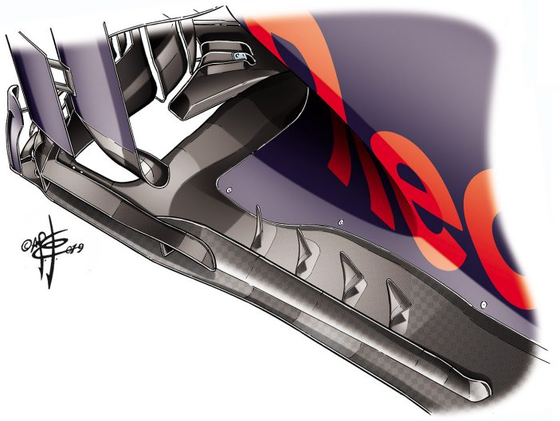 レッドブル・ホンダRB15のフロアにある小さいベーンは、アウトウォッシュ気流をディフューザーに向かう気流から分離させる