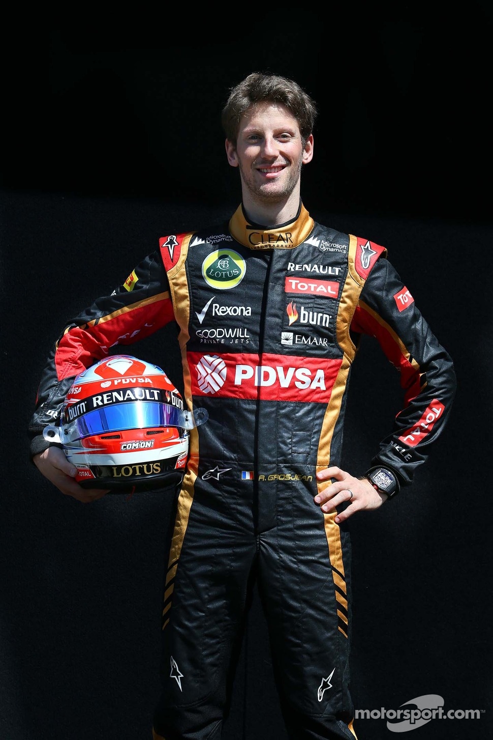 ロマン・グロージャン（ロータス）： F1ヘルメットとレーシングスーツ