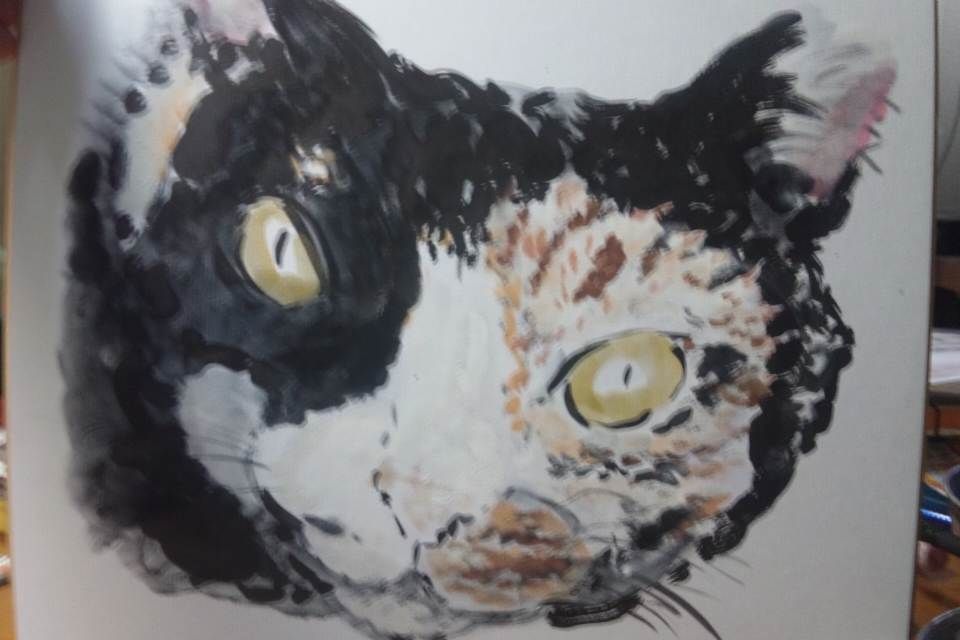 ｈｐ用 ペット似顔絵 みみちゃん 三毛猫 描き方 秘術 笑 大公開 墨汁 水彩 所要時間 約４５分 森あつしの似顔絵日記他