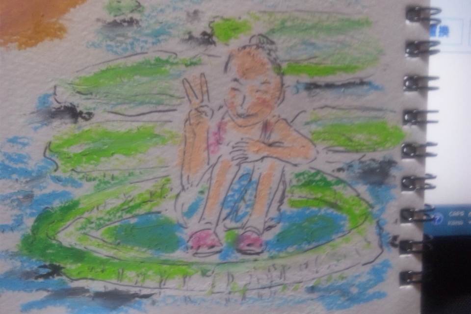 富山県 県中央植物園で オオオニバスに乗る会が ボールペン クレパス 所要時間約４分 森あつしの似顔絵日記他