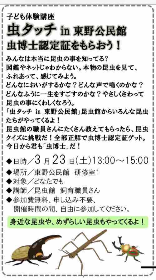 参加費無料 申込不要 虫好きの子集まれ 3 23 土 13時 東野公民館でいろいろな昆虫に会える 虫タッチin東野公民館 があるみたい クイズ に挑戦して虫博士認定証をもらおう まるごとgo 広島市安佐南区 安佐北区あたりの地域情熱ブログ