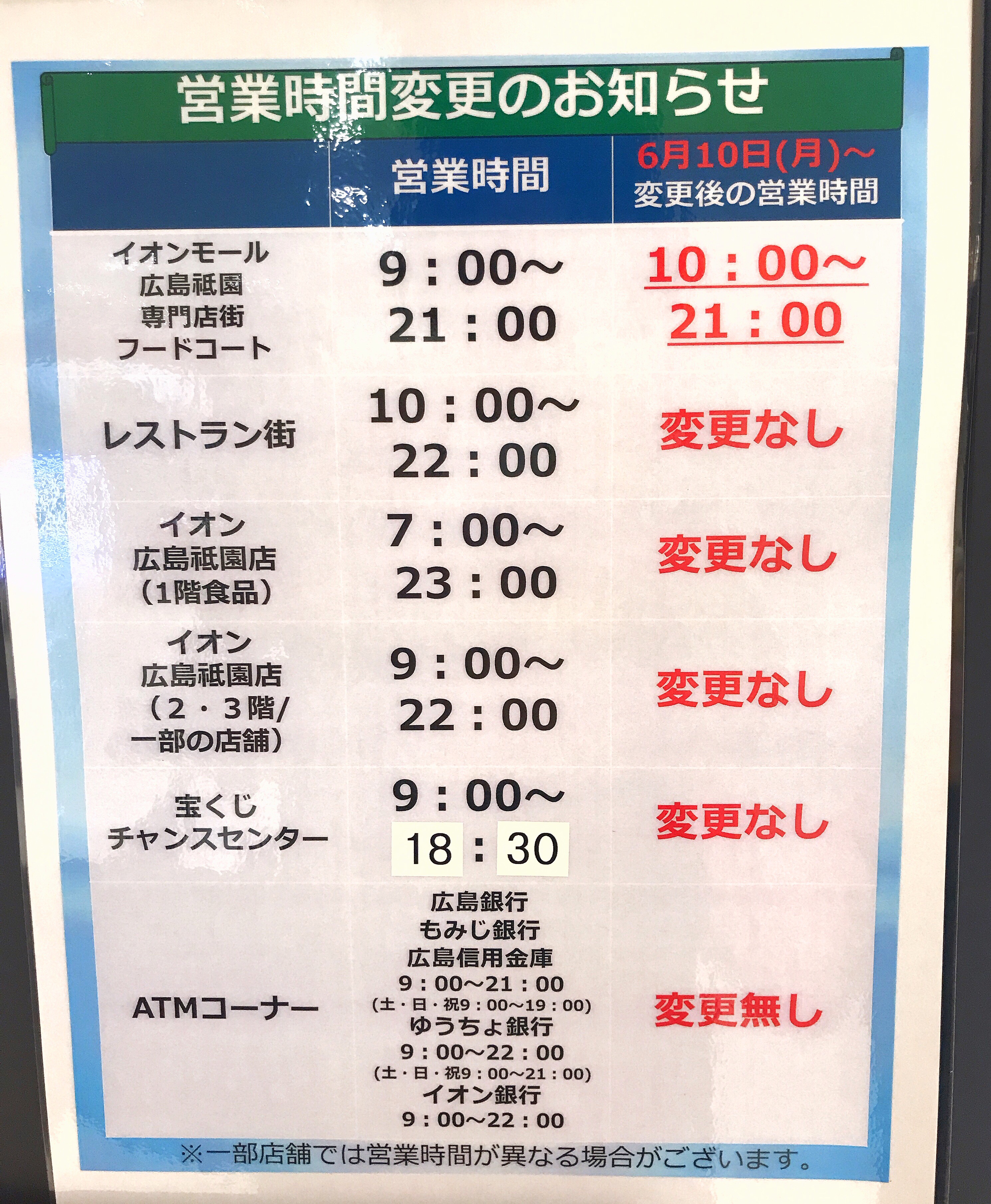 営業時間変更 19年6月10日 月 から イオンモール広島祇園の専門店街とフードコートの開店時間があさ10時に変更になるみたい まるごとgo 広島市安佐南区 安佐北区あたりの地域情熱ブログ