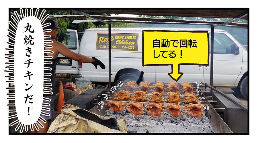 たくさんの丸ごとチキンが炭の上でくるくる自動で回ってる