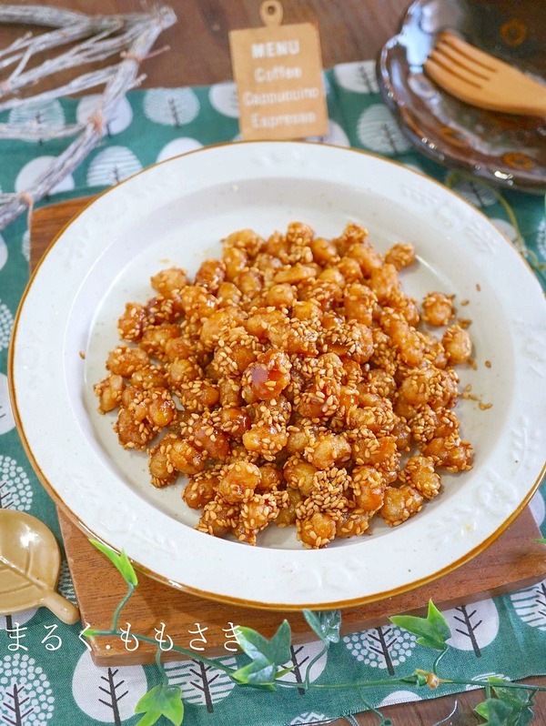 レンジで簡単ソース♪大豆のコロコロ甘辛揚げ♪＆月と花火