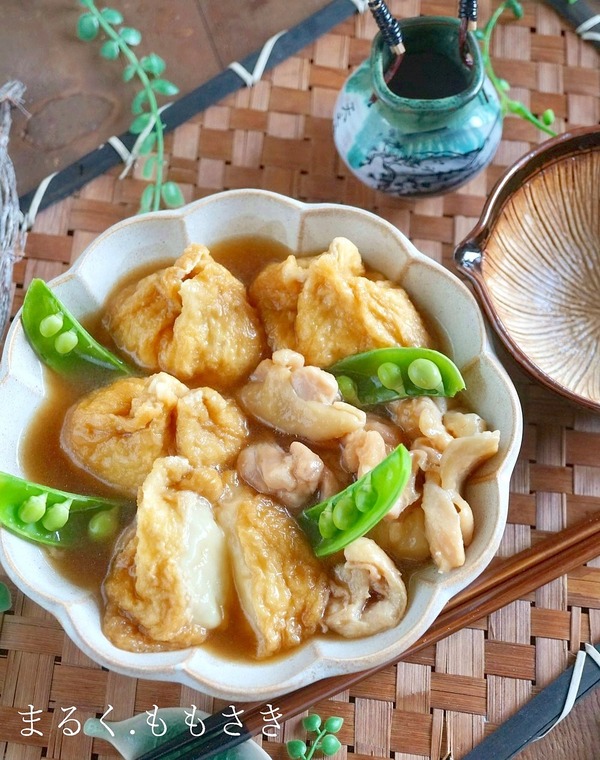 甘辛味がじゅわ～鶏肉とモチモチ♪豆腐もちの油揚げの袋煮