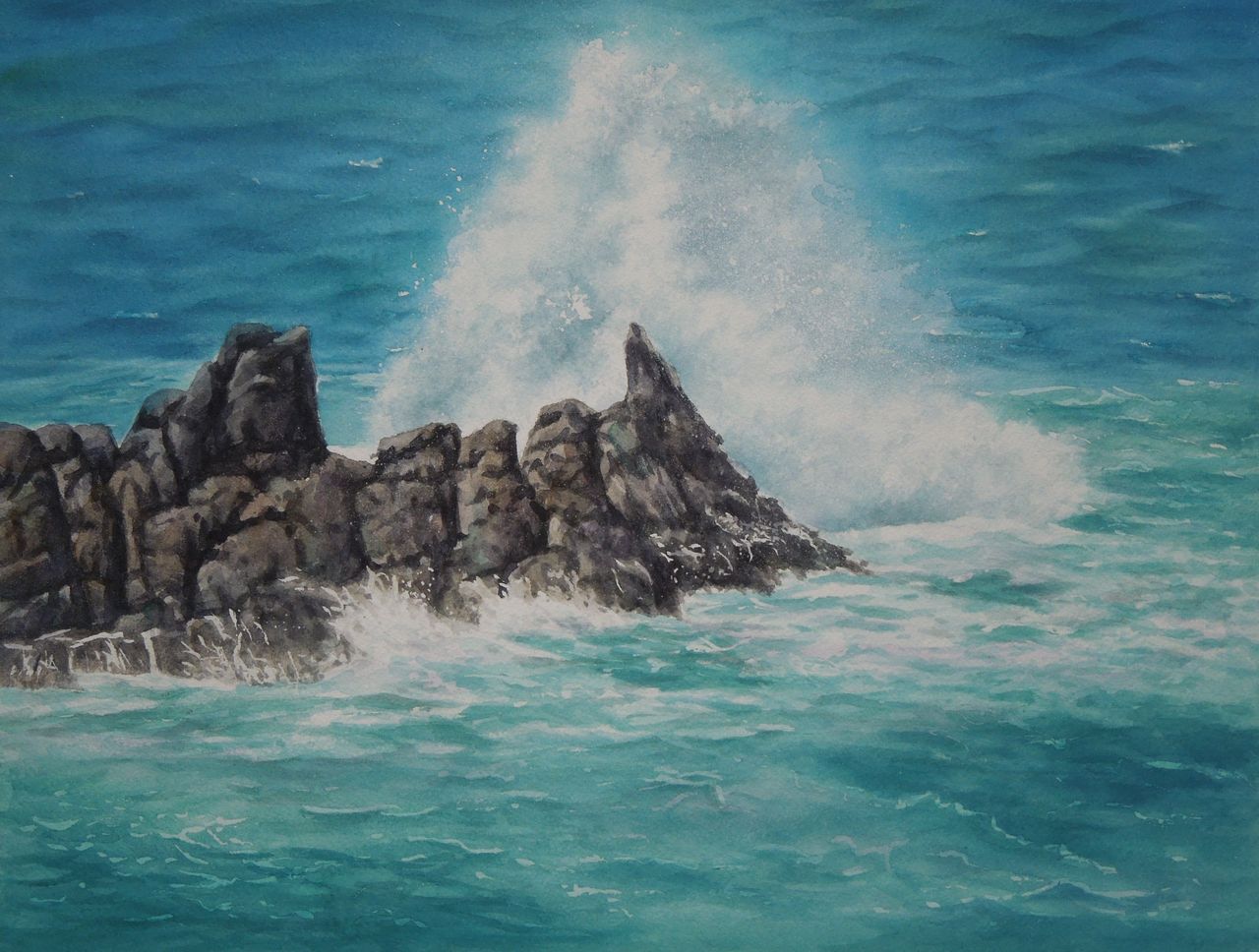 まさ爺の写実的水彩画 砕ける波 東尋坊 福井県