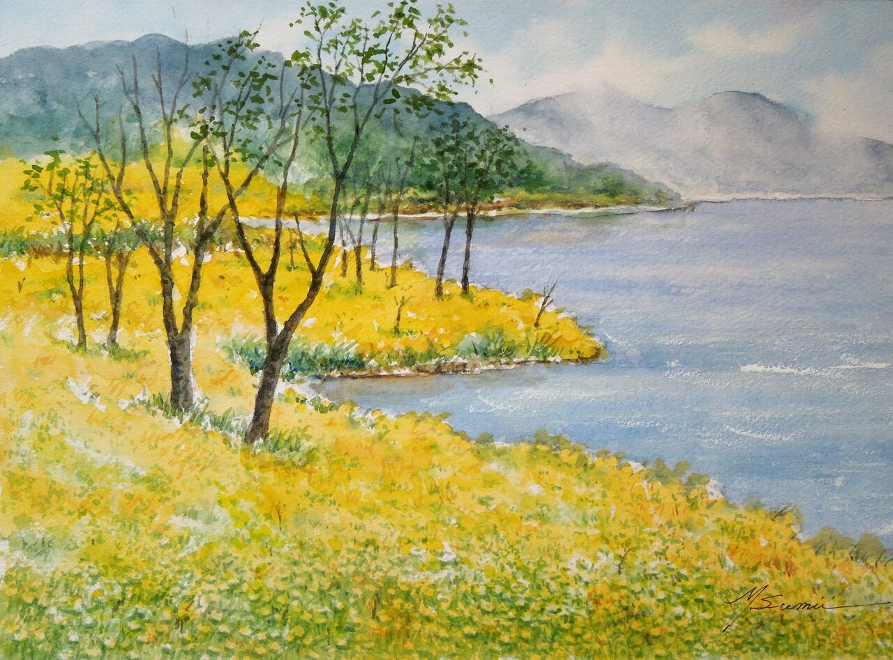お求めやすく価格改定 絵画 山の湖の釣り 水彩画 自然 風景画