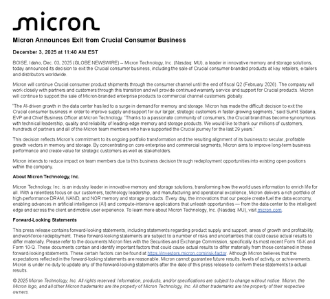 Micron Announces Exit from Crucial Consumer Business