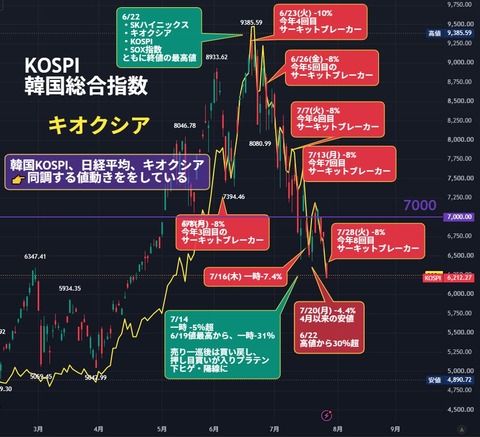 韓国総合株価指数(KOSPI)、韓国モメチンがバナナを拾っては投げ捨てる今年8回目のサーキットブレーカー発動