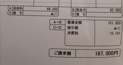 ガス漏れカーエアコンの修理完了!自動車整備工場からの請求額