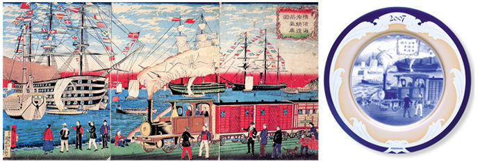 貴重！ 横浜増田窯 1983年製 横浜蒸気車鉄道全図 花瓶 横浜往返鉄道