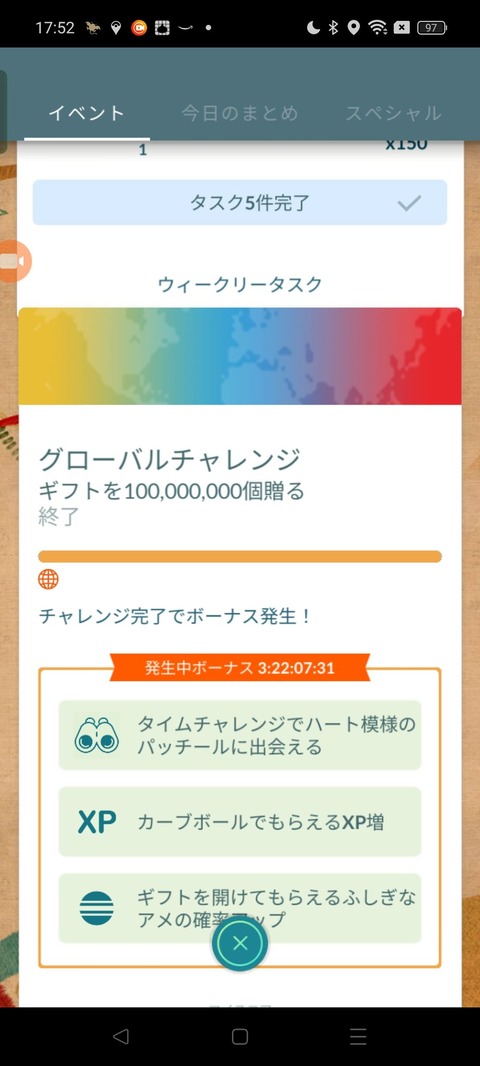 【ポケモンGO】グローバルチャレンジ達成、パッチールタスク解禁