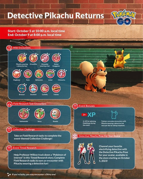 【ポケモンGO】明日から「帰ってきた名探偵ピカチュウ」イベントが開催！【2023/10/5～9】