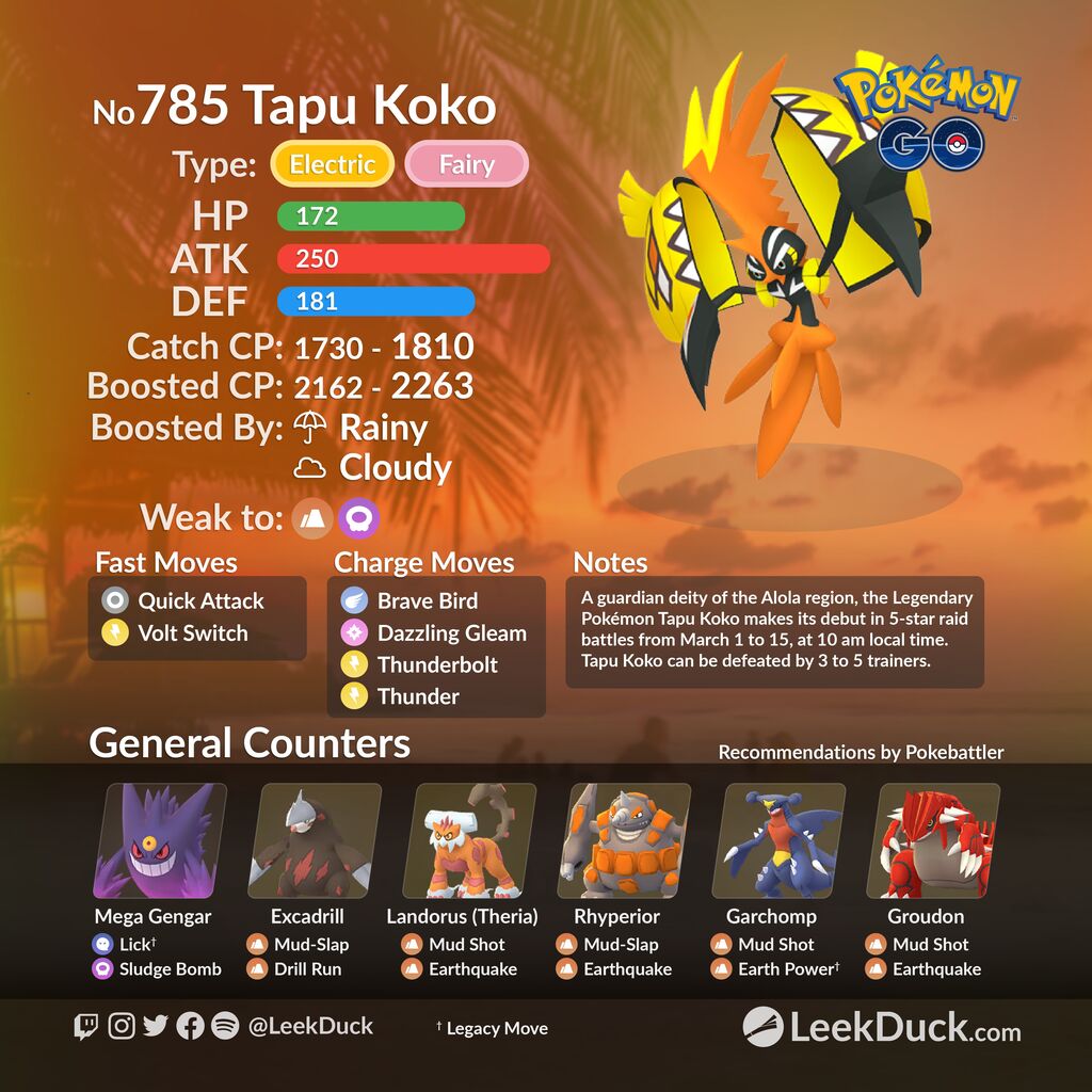 ポケモンgo 本日18時から カプ コケコ が大量発生 新実装直後のレイドアワー 最大cp 1810 2263