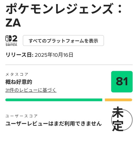 ポケモンレジェンズZA、メタスコア81点