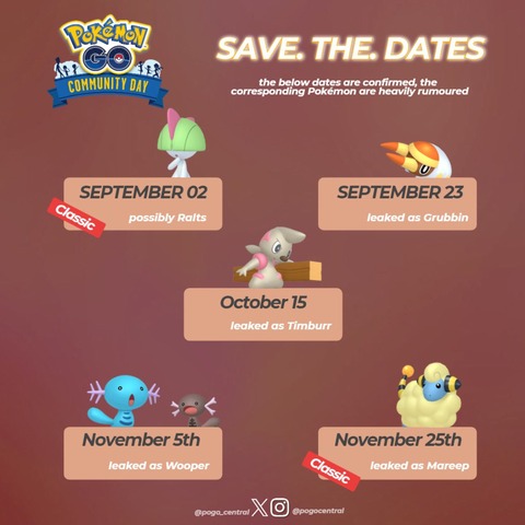 【ポケモンGO】来季のコミュデイ予定「9月2日(土) ラルトス」「9月23日(土) アゴジムシ」「10月15日(日) ドッコラー」「11月5日(日) ウパー/パルデアウパー」【非公式】