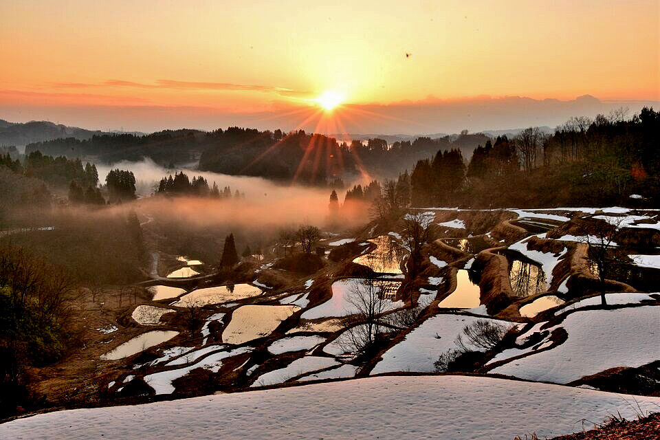 昨年の小雪と今年の大雪 ３月１８日の 蒲生の棚田 日本の原風景